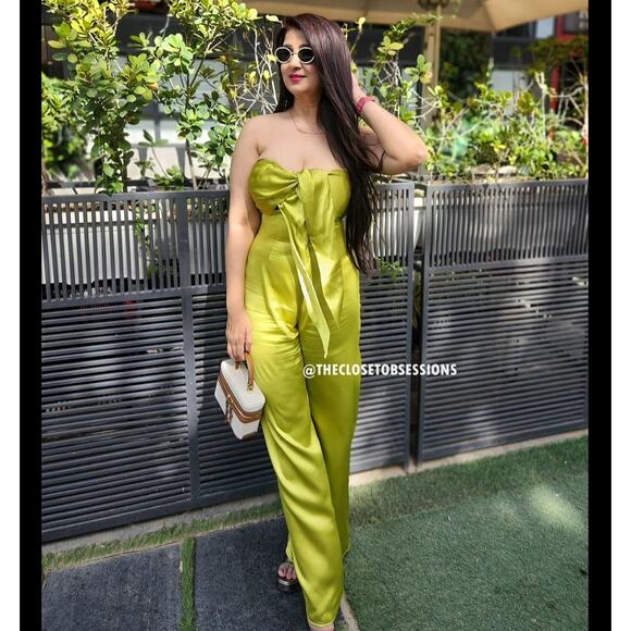 ZARA Strapless Wide-Leg Jumpsuit NWT | Bow Detail Cutout Green M - Picture 14 of 16